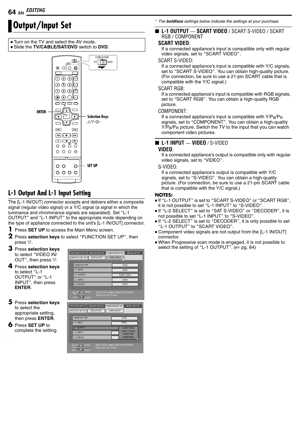 Output/input set, L-1 output and l-1 input setting, Editing | L-1 output, Scart video, L-1 input, Video, Scart s-video / scart rgb / component, Scart s-video, Scart rgb | JVC DR-MH50S User Manual | Page 64 / 92