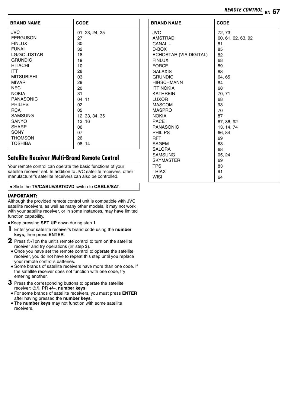 Satellite receiver multi-brand remote control | JVC DR-MH50S User Manual | Page 67 / 92