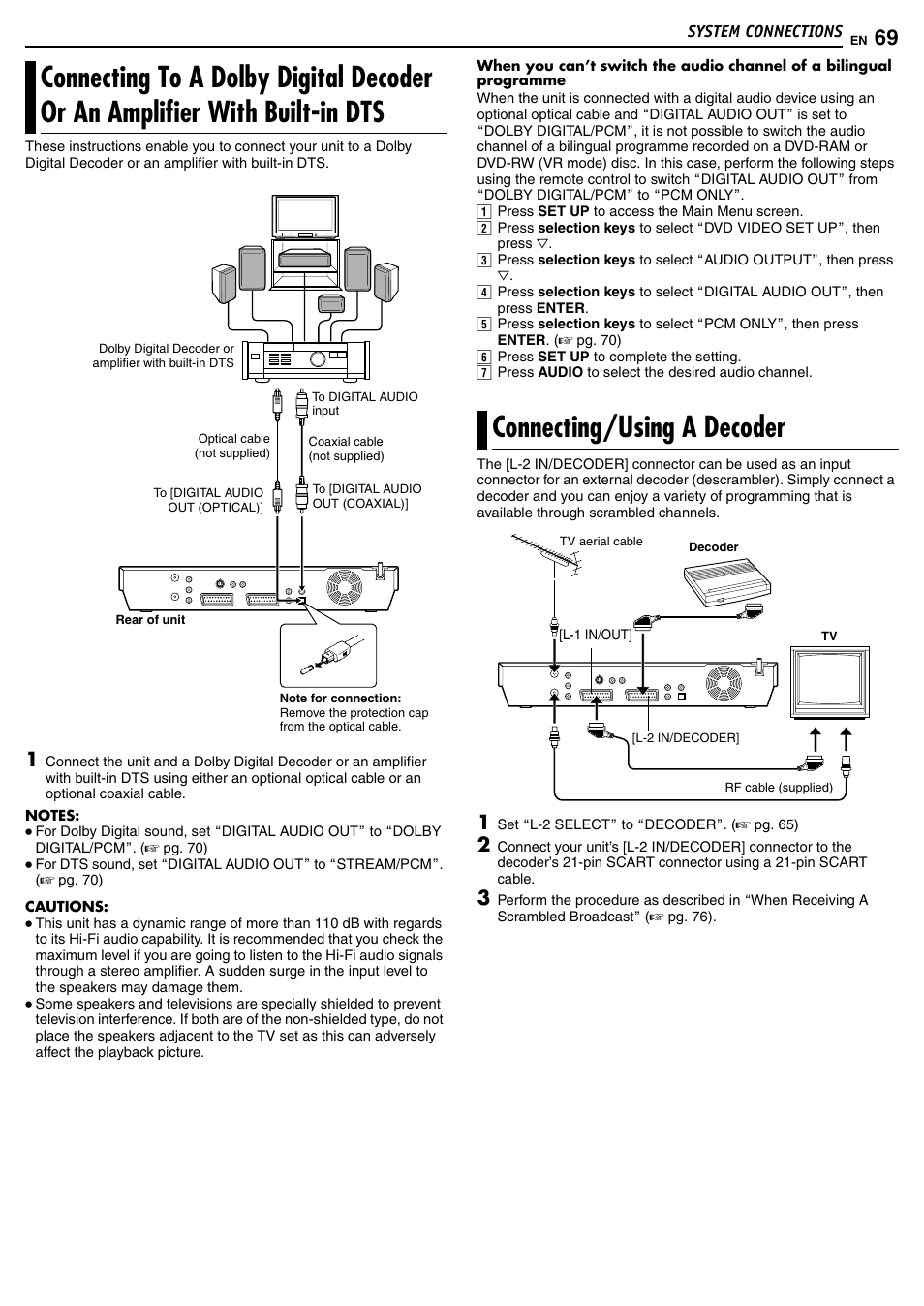 Connecting/using a decoder, Connecting to a dolby digital decoder or, An amplifier with built-in dts | JVC DR-MH50S User Manual | Page 69 / 92