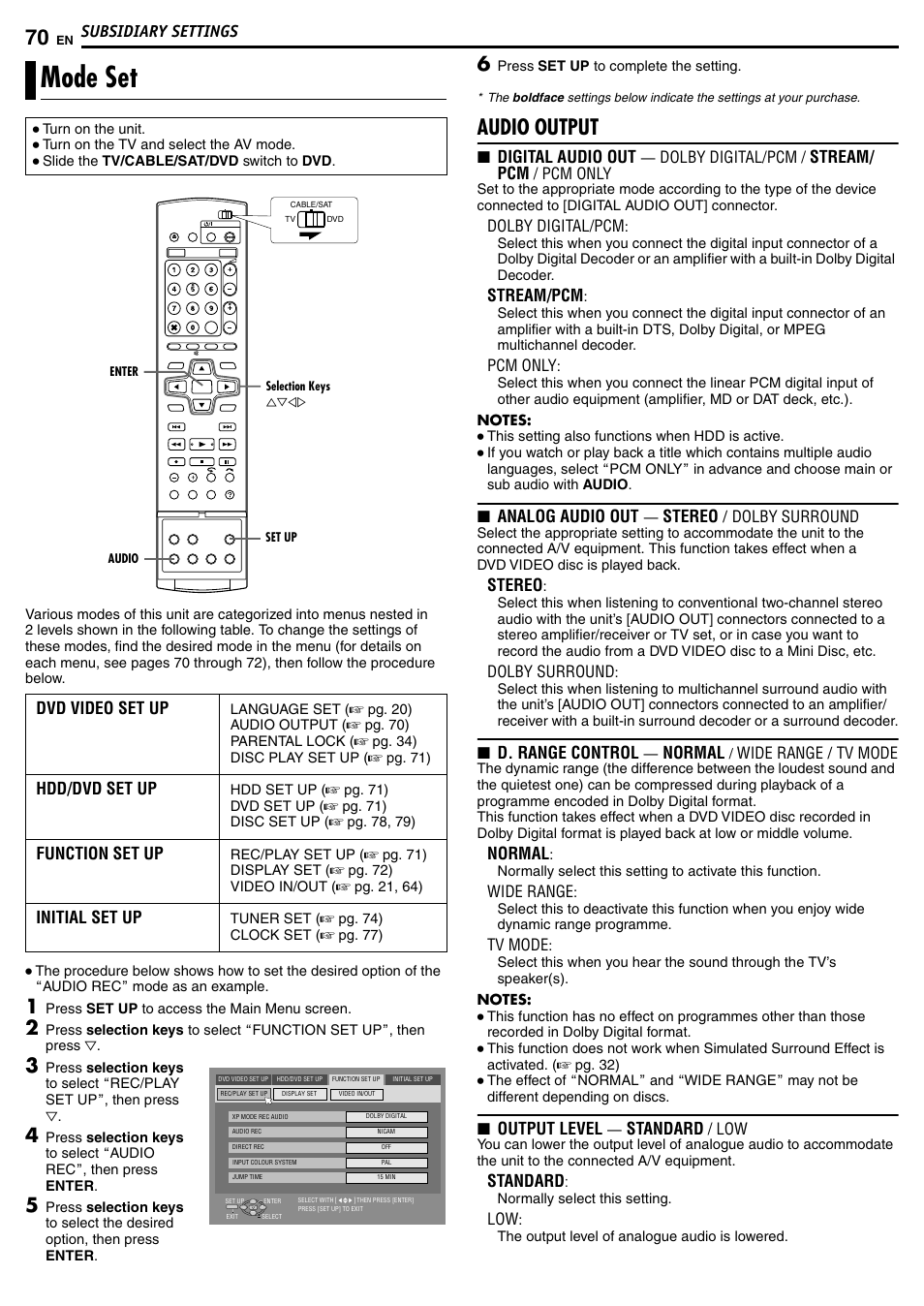 Subsidiary settings, Mode set, Audio output | JVC DR-MH50S User Manual | Page 70 / 92