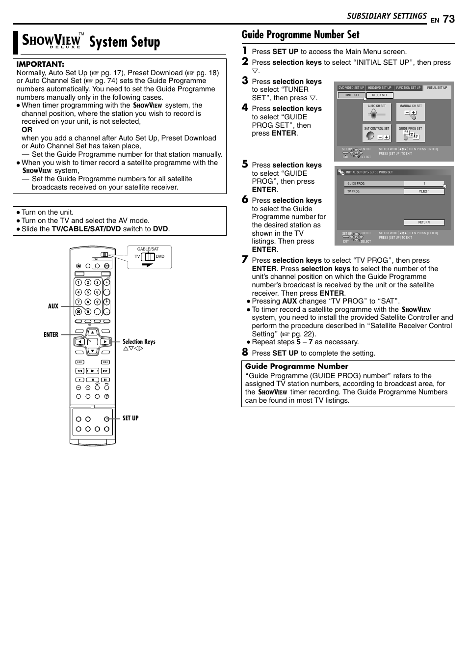 Showview deluxe tm system setup, Guide programme number set, System setup | Subsidiary settings | JVC DR-MH50S User Manual | Page 73 / 92