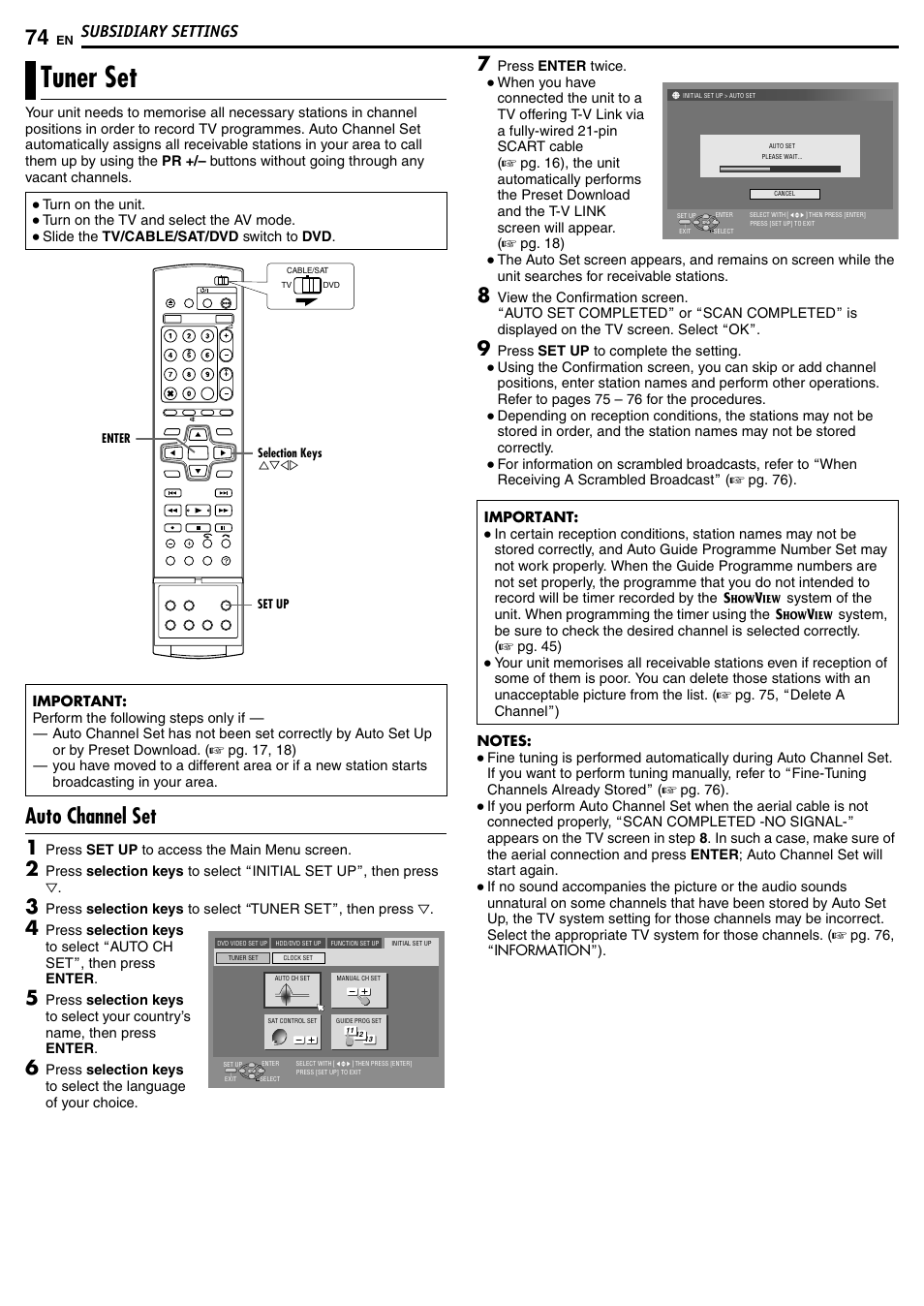 Tuner set, Auto channel set, Subsidiary settings | JVC DR-MH50S User Manual | Page 74 / 92