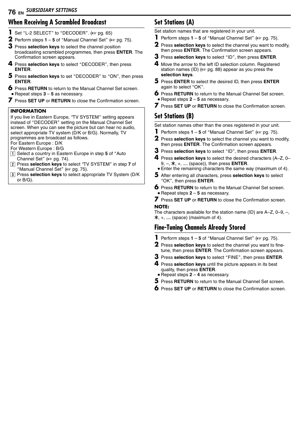 When receiving a scrambled broadcast, Set stations (a), Set stations (b) | Fine-tuning channels already stored | JVC DR-MH50S User Manual | Page 76 / 92