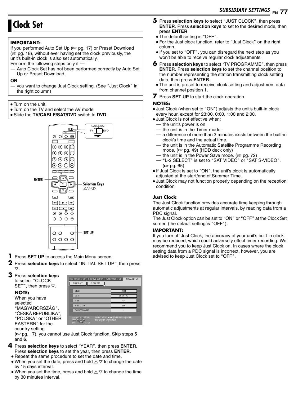 Clock set, Subsidiary settings | JVC DR-MH50S User Manual | Page 77 / 92
