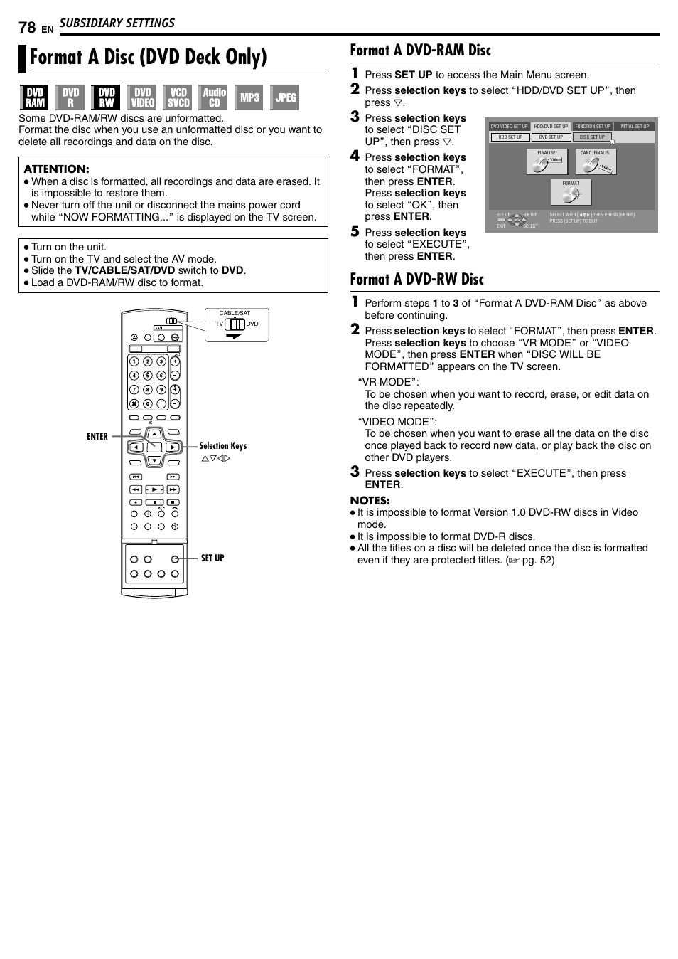 Format a disc (dvd deck only), Format a dvd-ram disc, Format a dvd-rw disc | Subsidiary settings | JVC DR-MH50S User Manual | Page 78 / 92