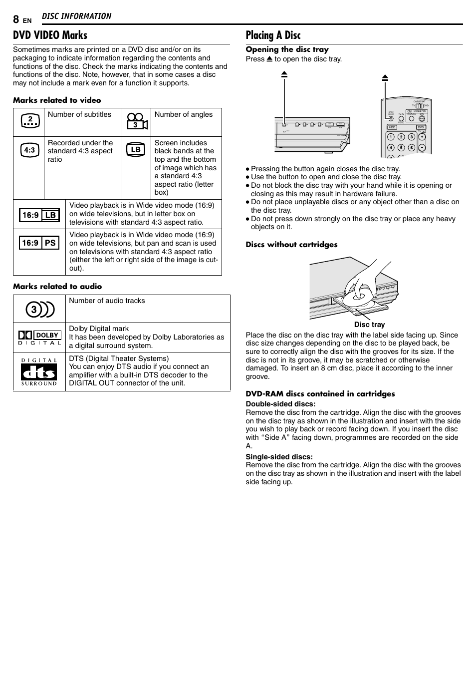 Dvd video marks, Placing a disc, Disc information | Pressing the button again closes the disc tray, Use the button to open and close the disc tray, Hdd video dvd pull - op en disc tray | JVC DR-MH50S User Manual | Page 8 / 92