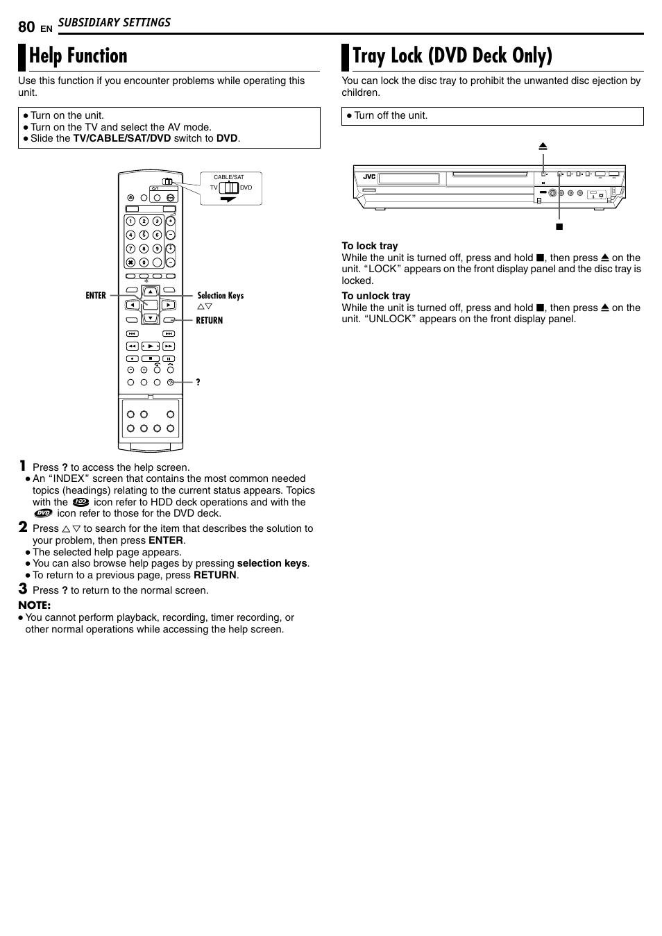 Help function, Tray lock (dvd deck only), Help function tray lock (dvd deck only) | JVC DR-MH50S User Manual | Page 80 / 92