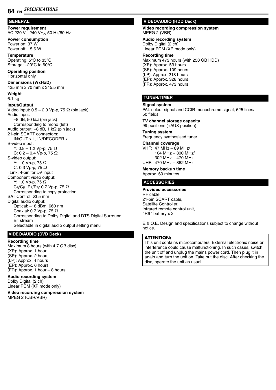 Specifications | JVC DR-MH50S User Manual | Page 84 / 92