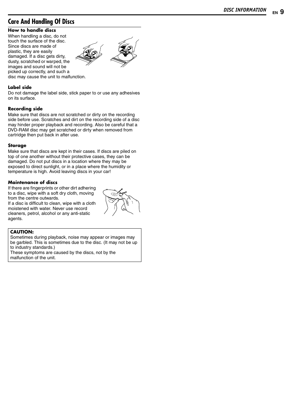 Care and handling of discs | JVC DR-MH50S User Manual | Page 9 / 92