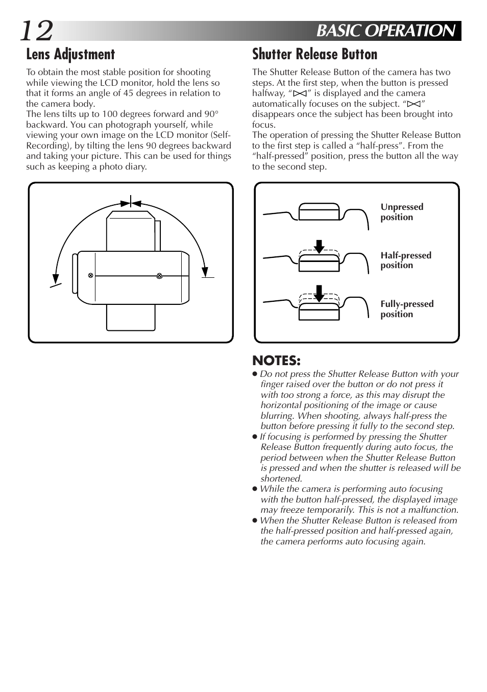 Basic operation, Lens adjustment, Shutter release button | JVC GC-S1 User Manual | Page 12 / 68