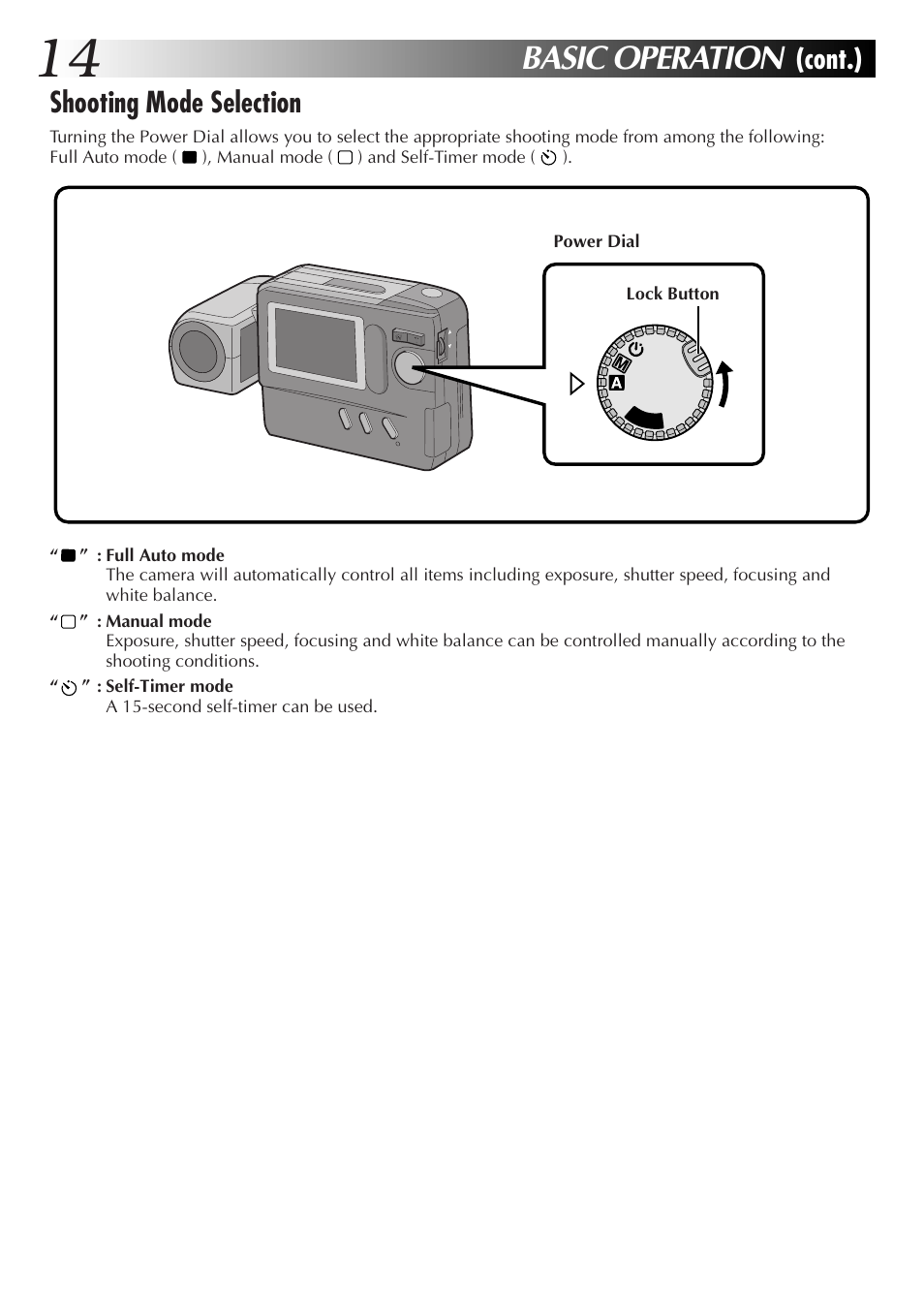 Basic operation, Shooting mode selection, Cont.) | JVC GC-S1 User Manual | Page 14 / 68