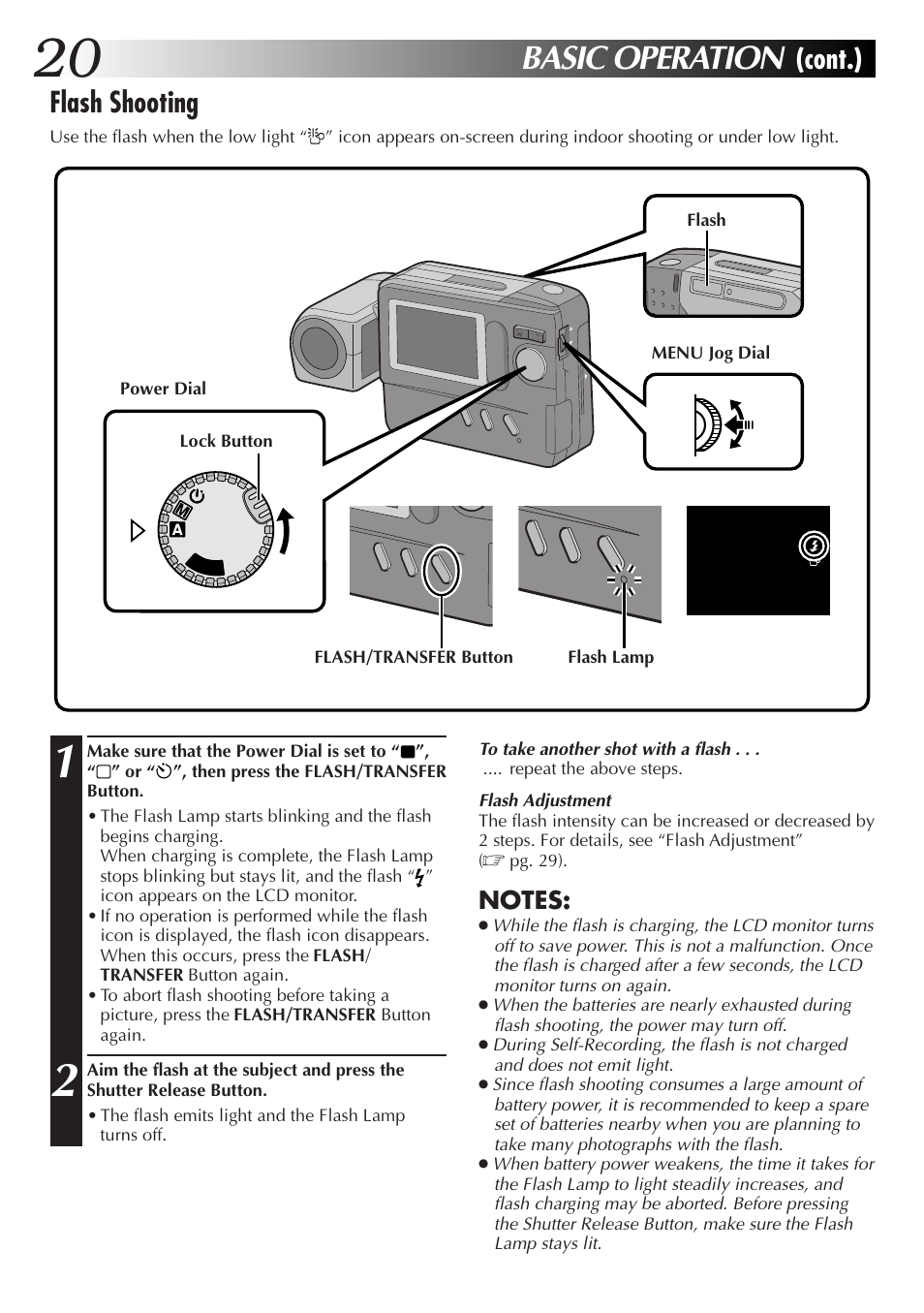 Basic operation, Flash shooting, Cont.) | JVC GC-S1 User Manual | Page 20 / 68