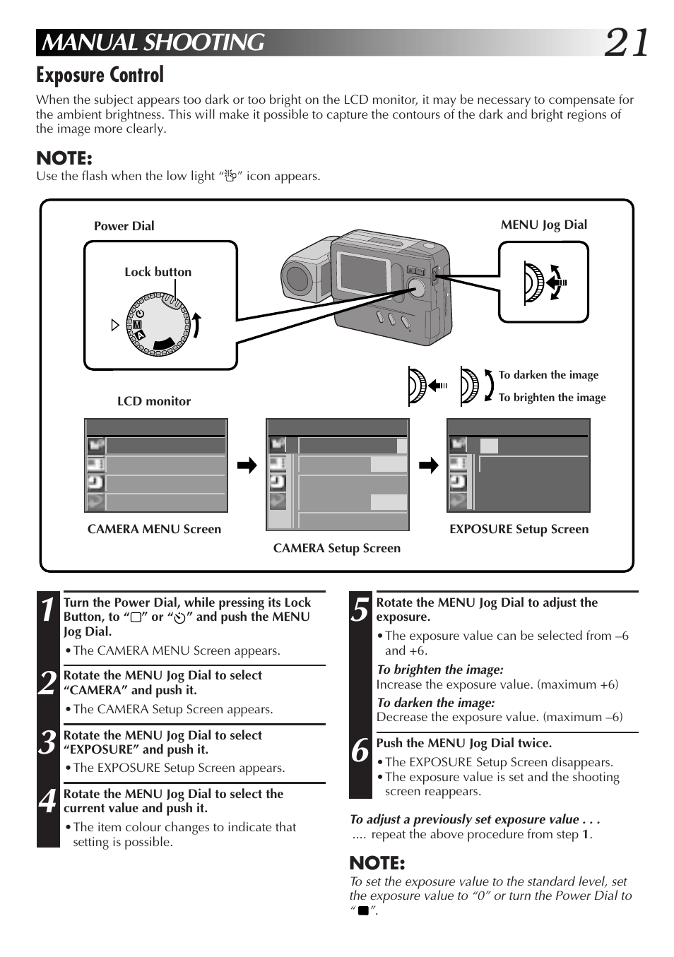 Manual shooting, Exposure control | JVC GC-S1 User Manual | Page 21 / 68