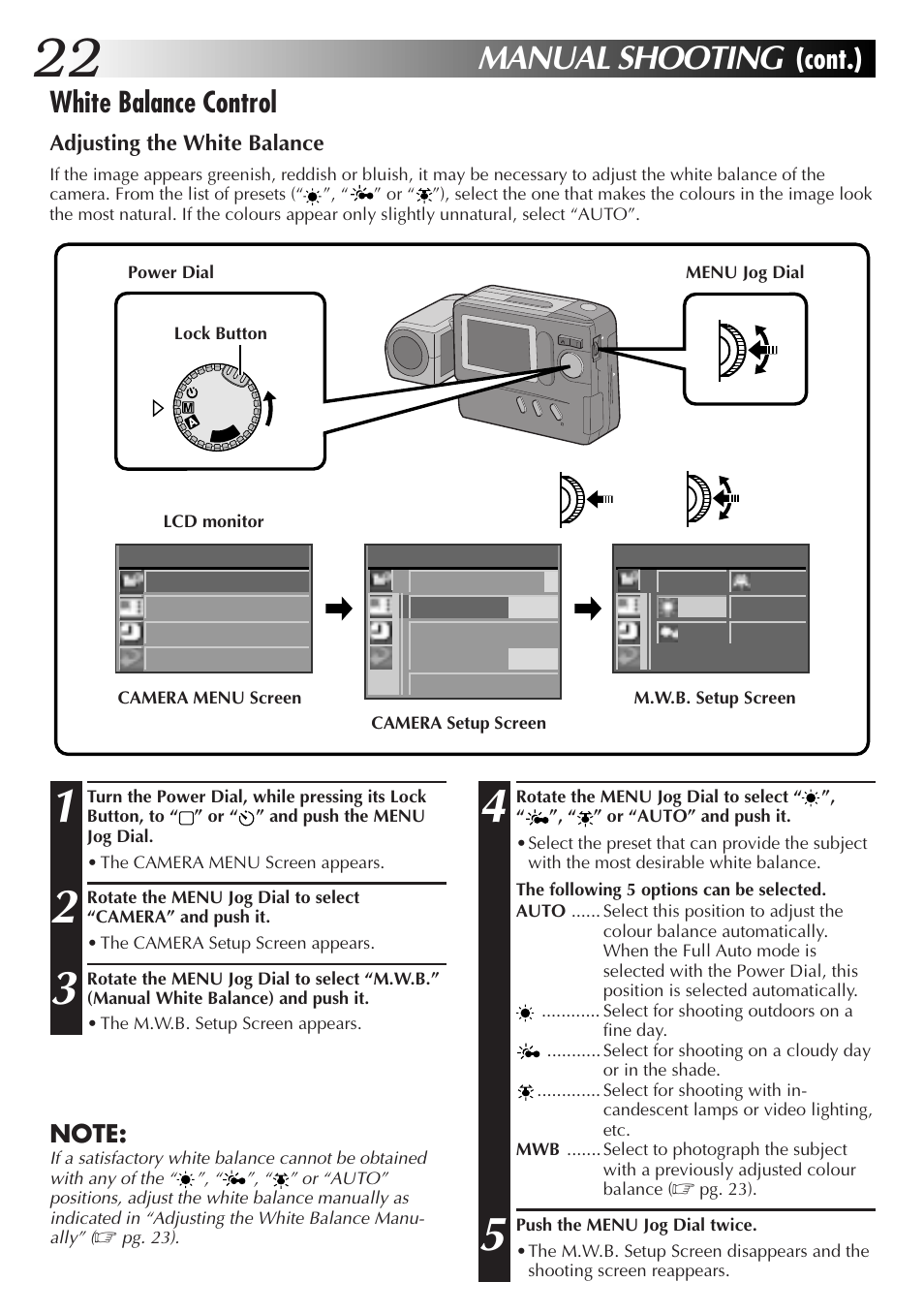 Manual shooting, Cont.) white balance control | JVC GC-S1 User Manual | Page 22 / 68