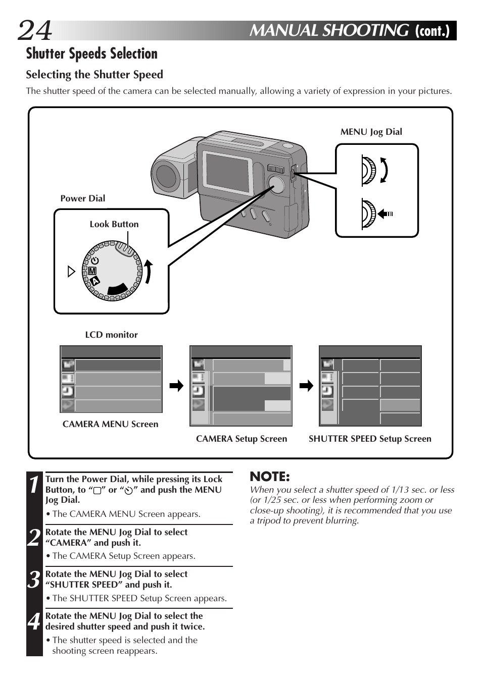 Manual shooting, Shutter speeds selection, Cont.) | JVC GC-S1 User Manual | Page 24 / 68