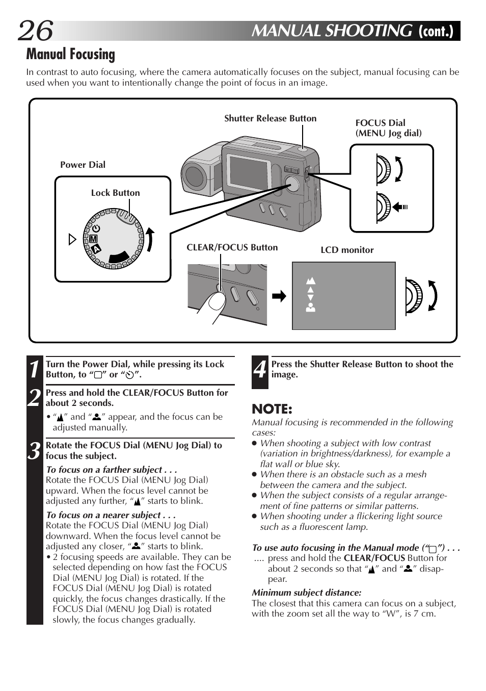 Manual shooting, Manual focusing, Cont.) | JVC GC-S1 User Manual | Page 26 / 68
