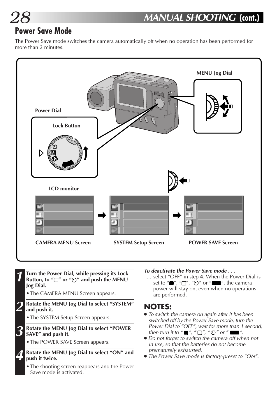 Manual shooting, Power save mode, Cont.) | JVC GC-S1 User Manual | Page 28 / 68