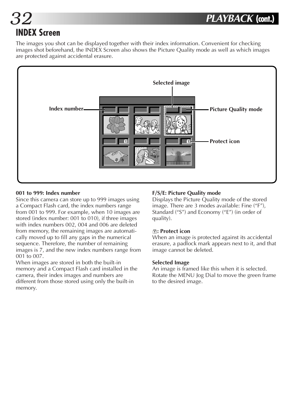 Playback, Cont.) index screen | JVC GC-S1 User Manual | Page 32 / 68