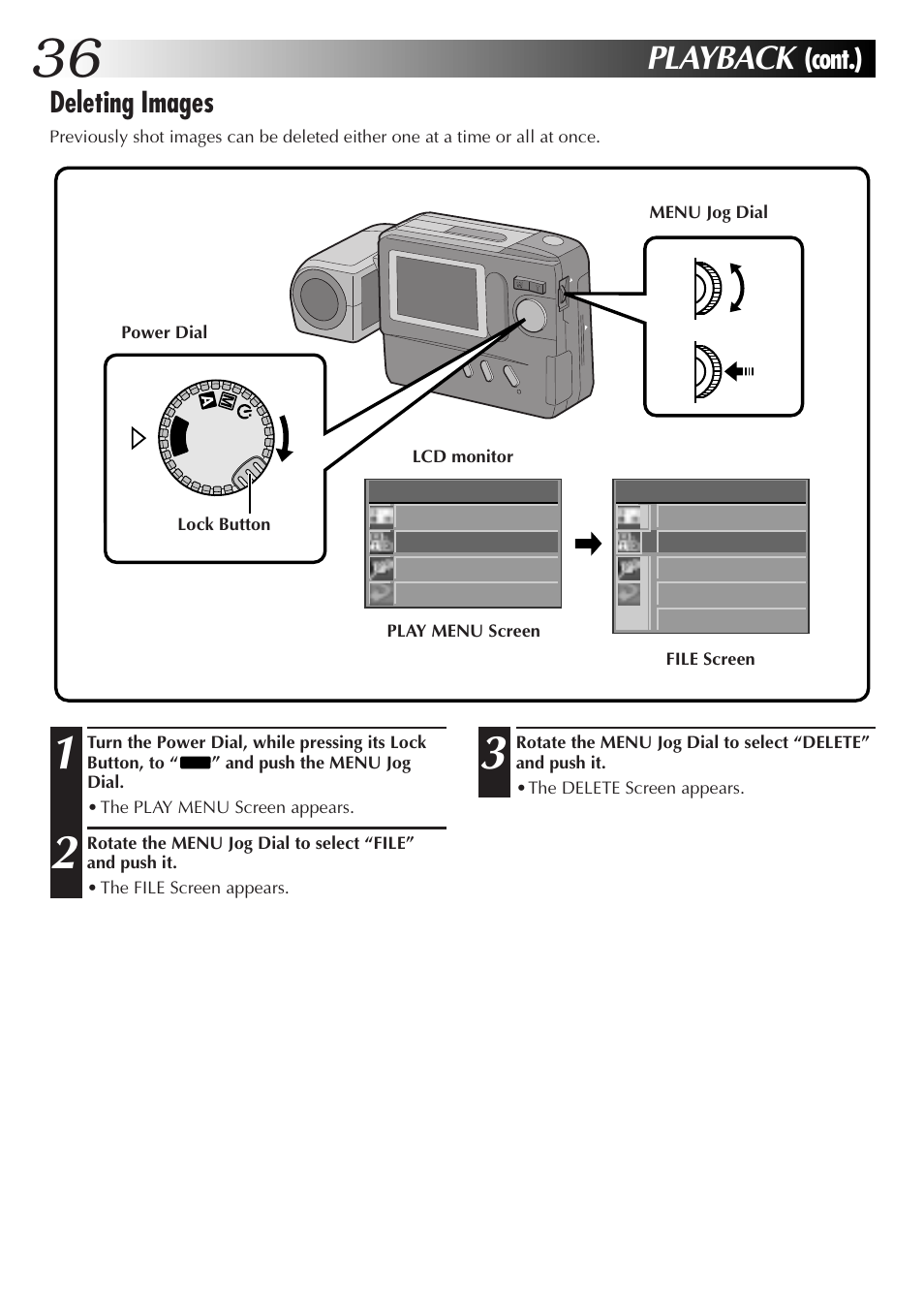 Playback, Deleting images, Cont.) | JVC GC-S1 User Manual | Page 36 / 68