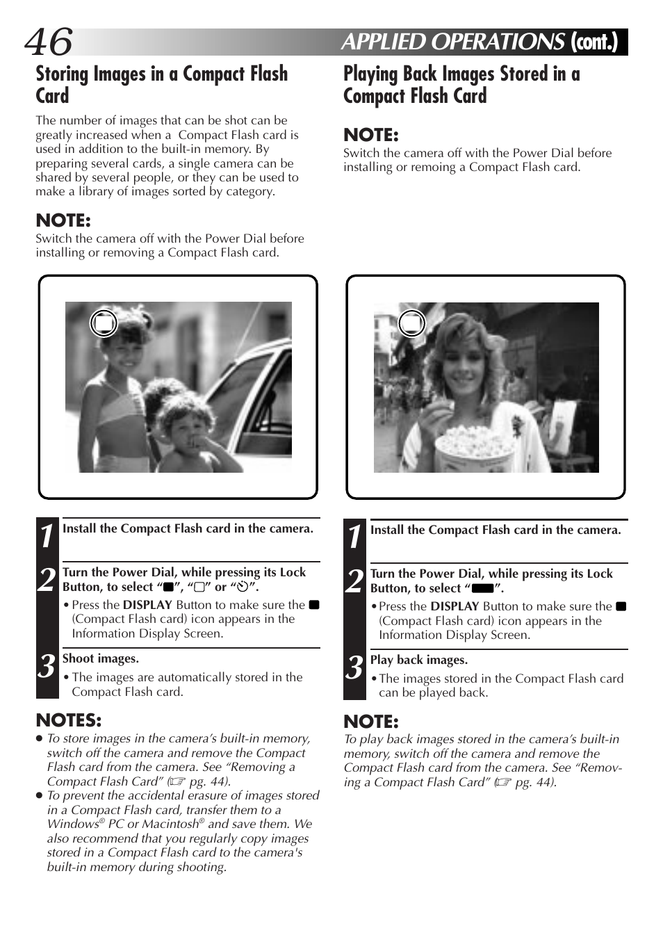 Applied operations, Cont.), Storing images in a compact flash card | Playing back images stored in a compact flash card | JVC GC-S1 User Manual | Page 46 / 68