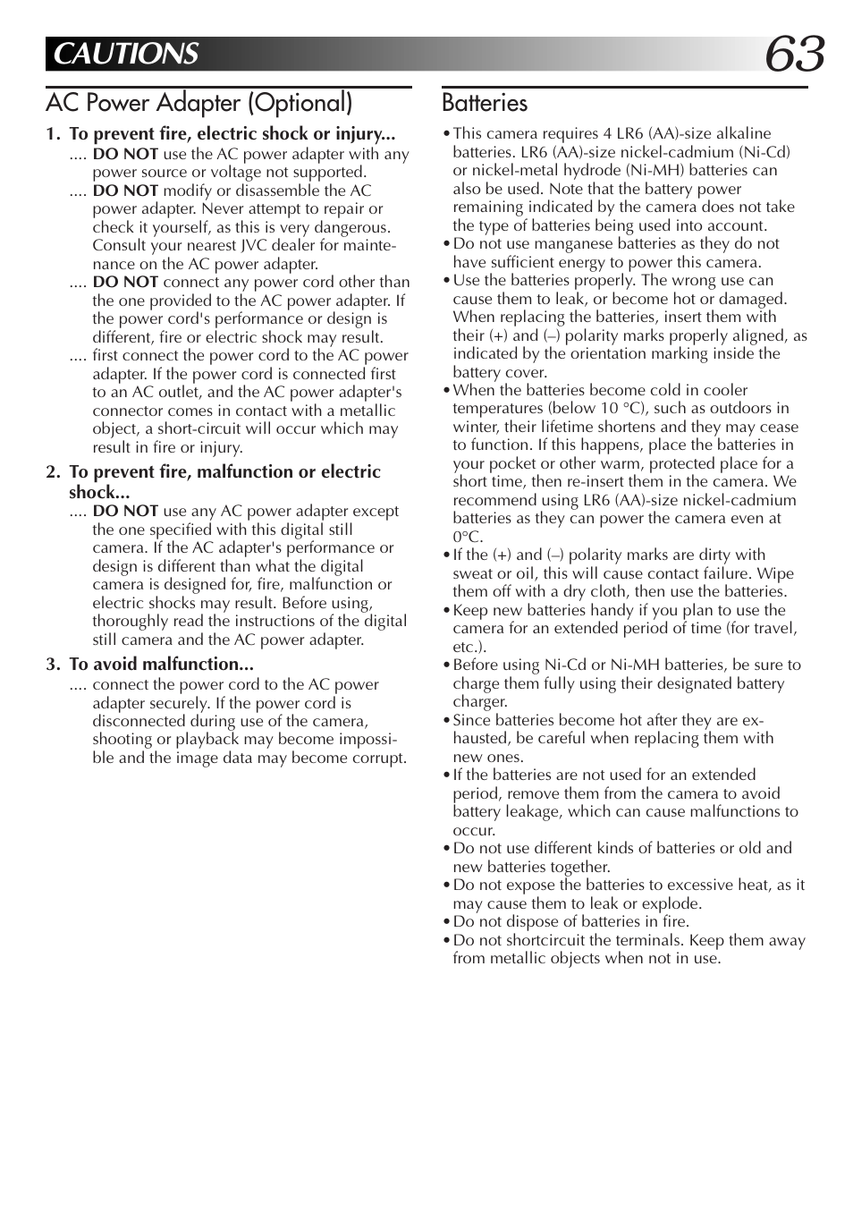 Cautions, Batteries, Ac power adapter (optional) | JVC GC-S1 User Manual | Page 63 / 68