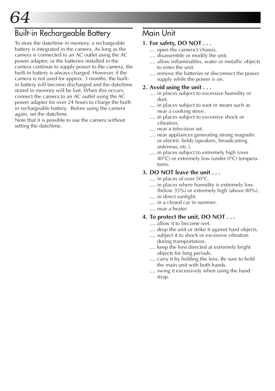 Built-in rechargeable battery, Main unit | JVC GC-S1 User Manual | Page 64 / 68