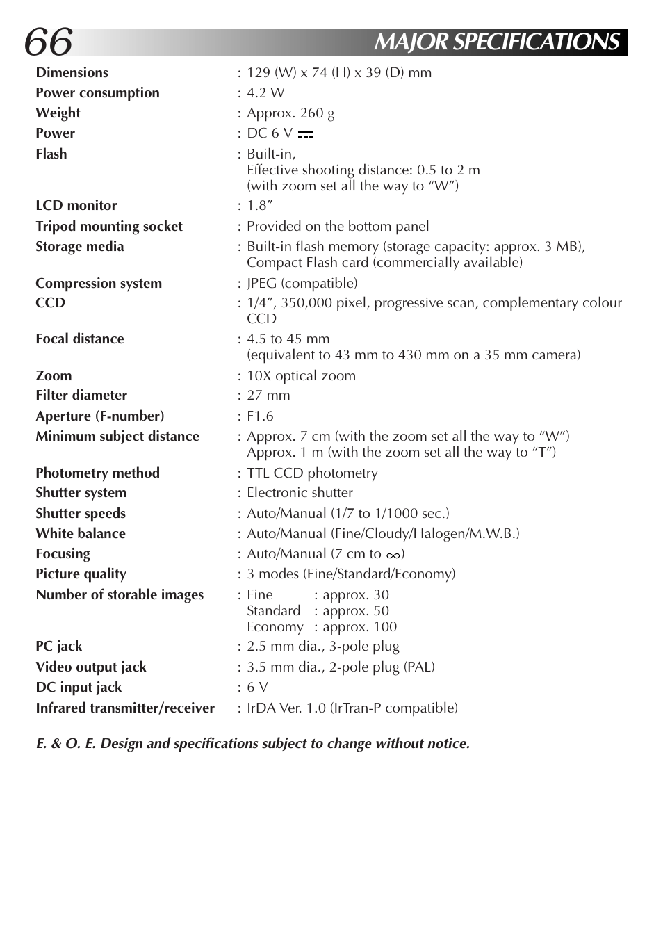 Major specifications | JVC GC-S1 User Manual | Page 66 / 68