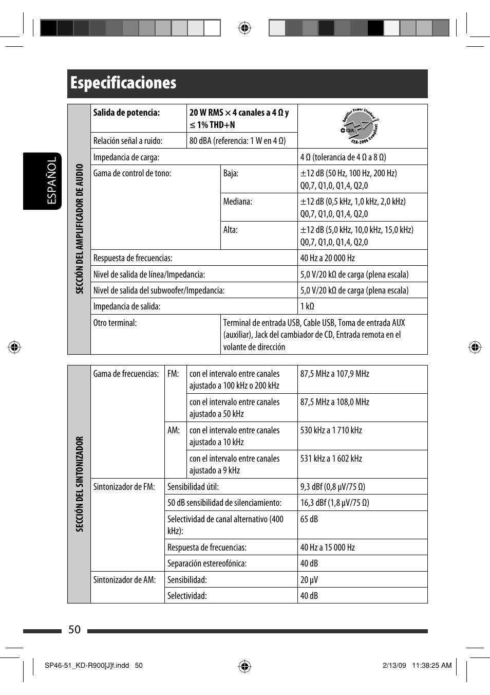 Especificaciones, 50 español | JVC KD-R900 User Manual | Page 100 / 151