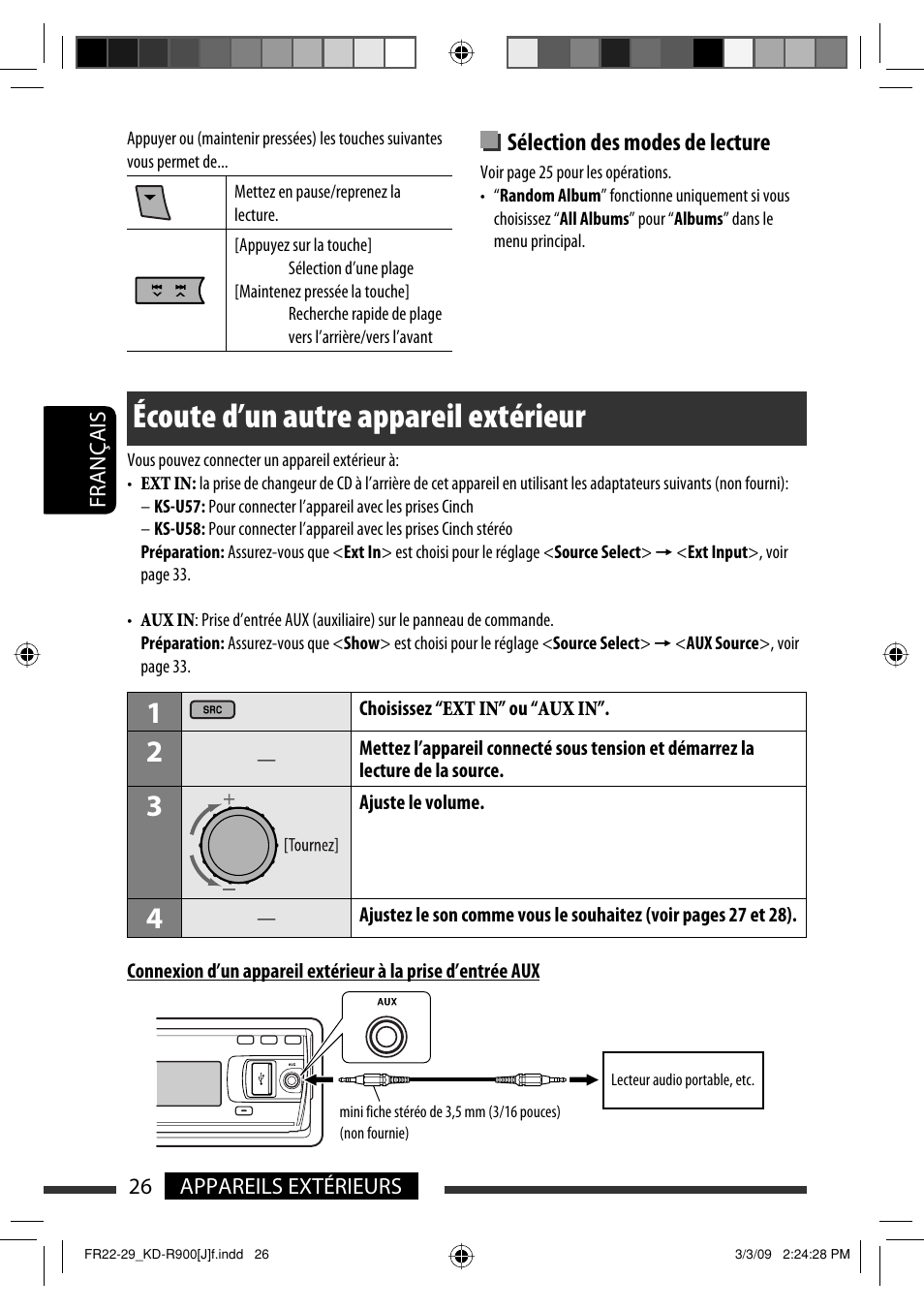 Écoute d’un autre appareil extérieur, Sélection des modes de lecture | JVC KD-R900 User Manual | Page 126 / 151