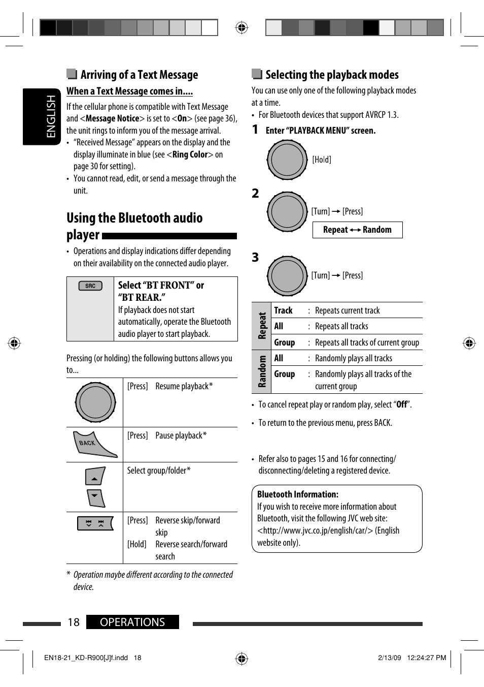Using the bluetooth audio player, Arriving of a text message, Selecting the playback modes | English 18 operations | JVC KD-R900 User Manual | Page 18 / 151