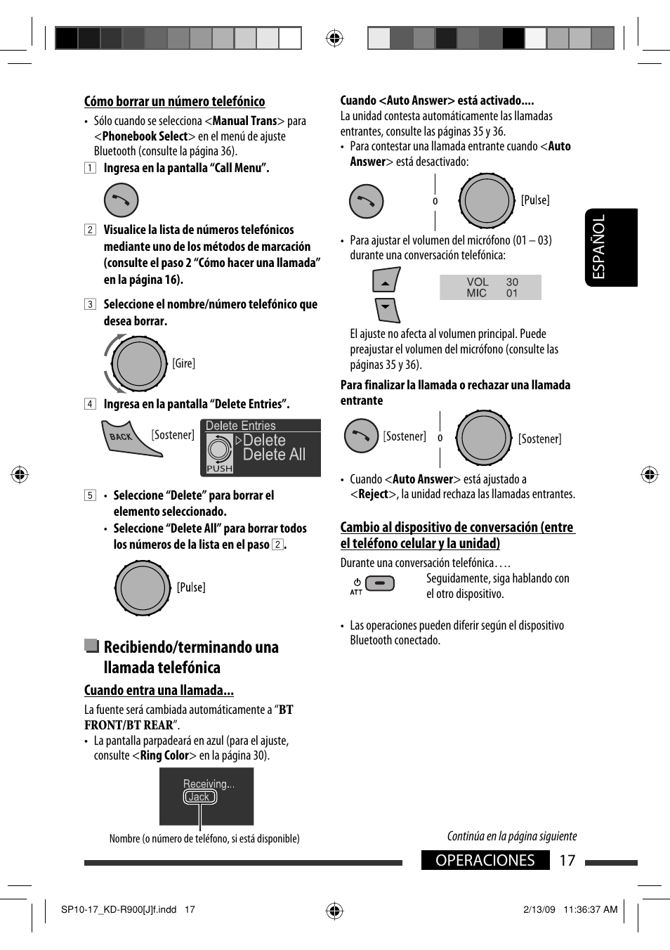 Recibiendo/terminando una llamada telefónica, 17 español operaciones | JVC KD-R900 User Manual | Page 67 / 151