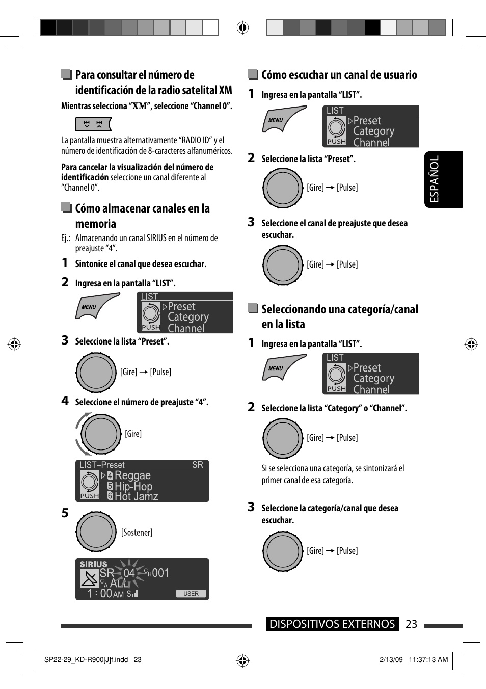 Cómo escuchar un canal de usuario, Seleccionando una categoría/canal en la lista | JVC KD-R900 User Manual | Page 73 / 151