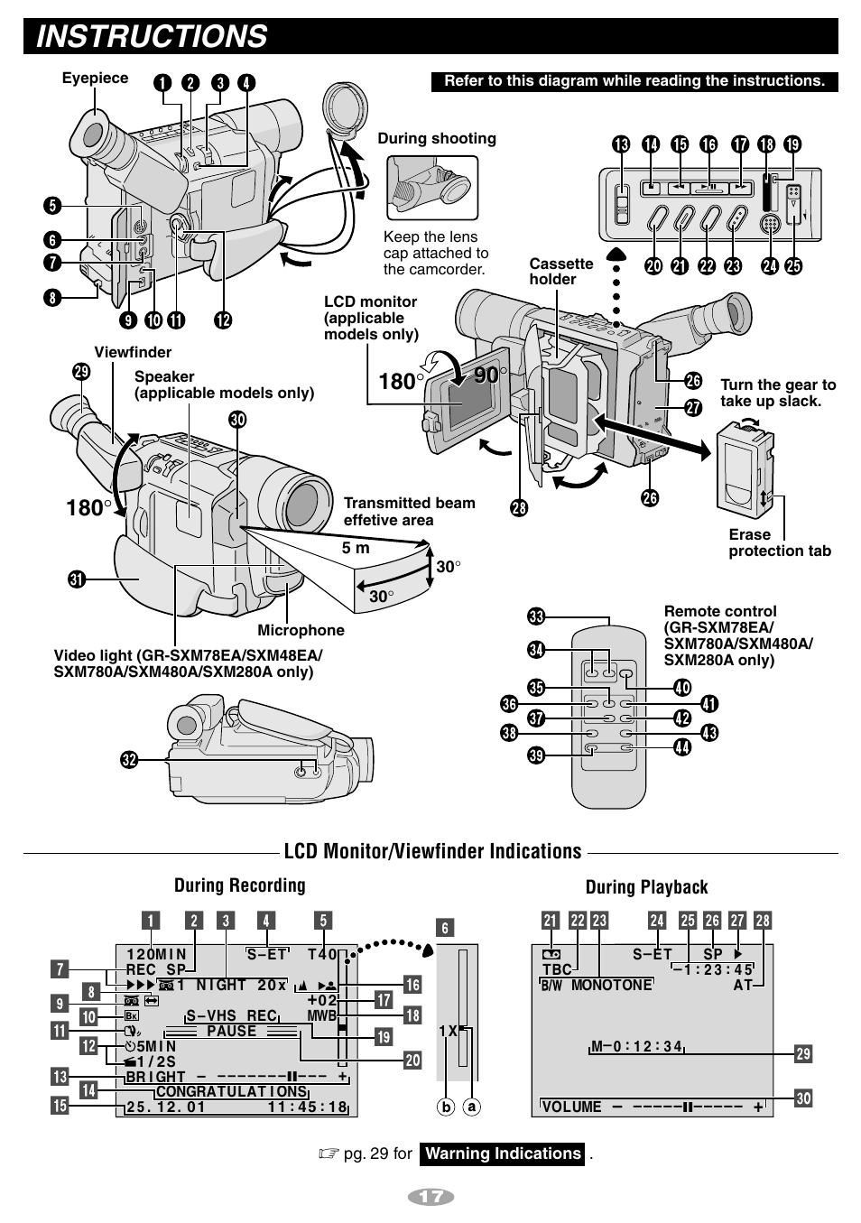 Instructions, Lcd monitor/viewfinder indications | JVC 1001MKV*UN*SN User Manual | Page 17 / 32