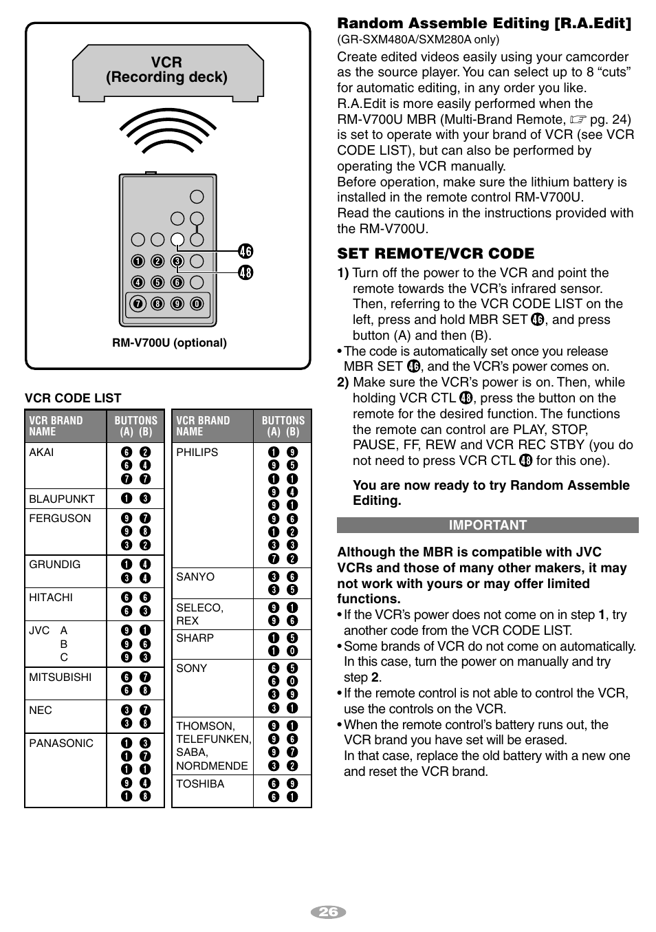 Random assemble editing [r.a.edit, Set remote/vcr code, Vcr (recording deck) | JVC 1001MKV*UN*SN User Manual | Page 26 / 32