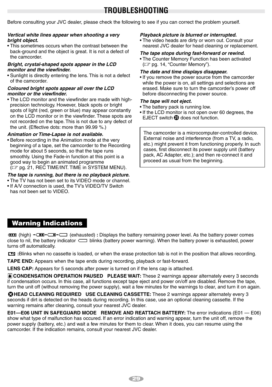 Troubleshooting, Warning indications | JVC 1001MKV*UN*SN User Manual | Page 29 / 32
