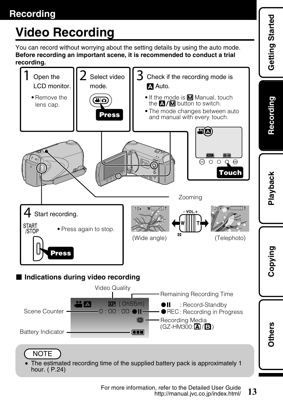 Recording, Video recording, Zoom/volume lever ( p.13, p.15) | Button ( p.13) | JVC Everio GZ-HM300U User Manual | Page 13 / 96