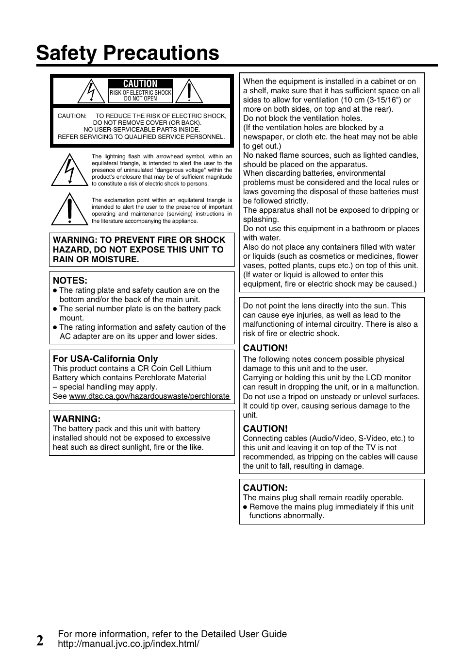 Safety precautions | JVC Everio GZ-HM300U User Manual | Page 2 / 96