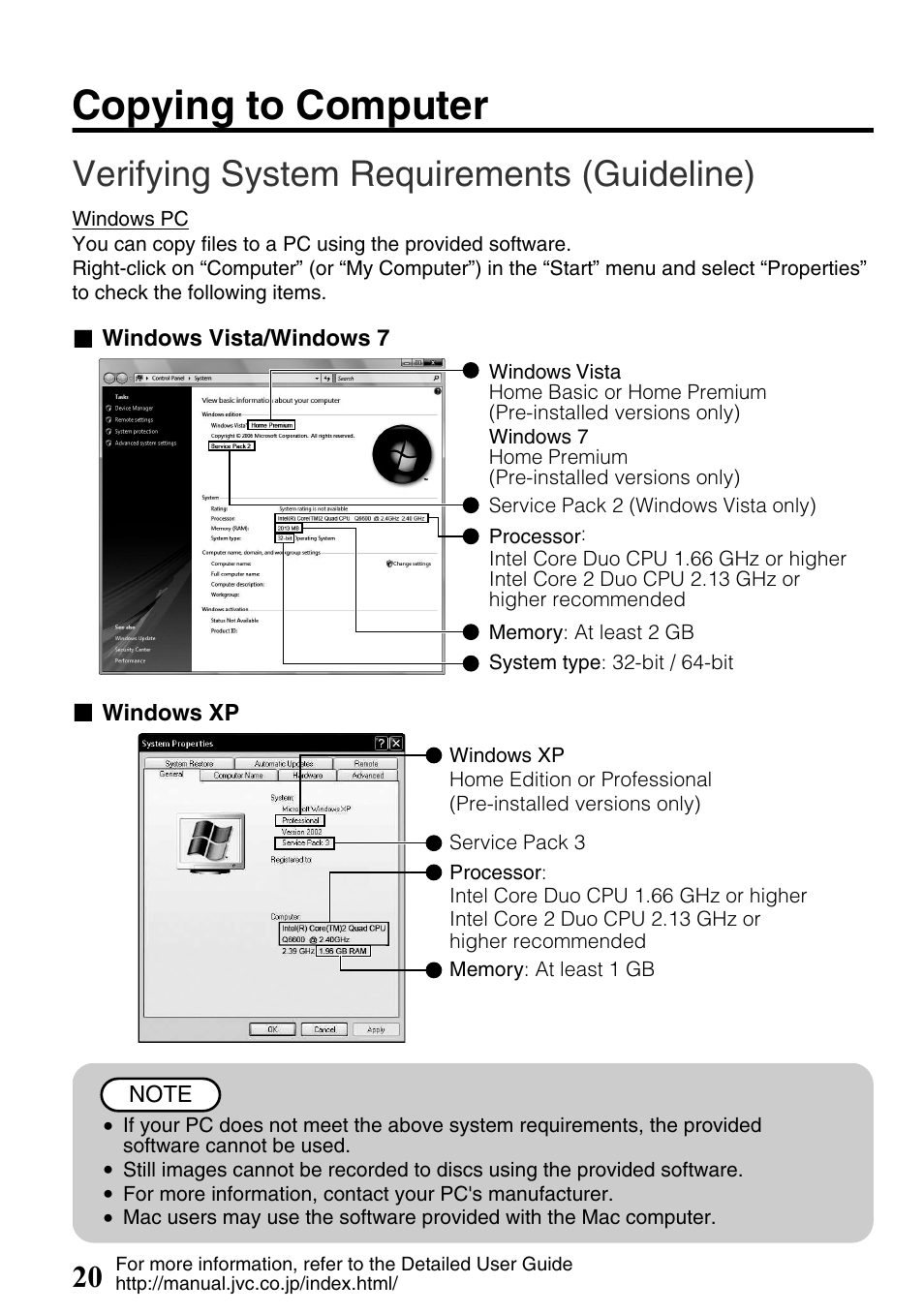 Copying to computer, Verifying system requirements (guideline) | JVC Everio GZ-HM300U User Manual | Page 20 / 96