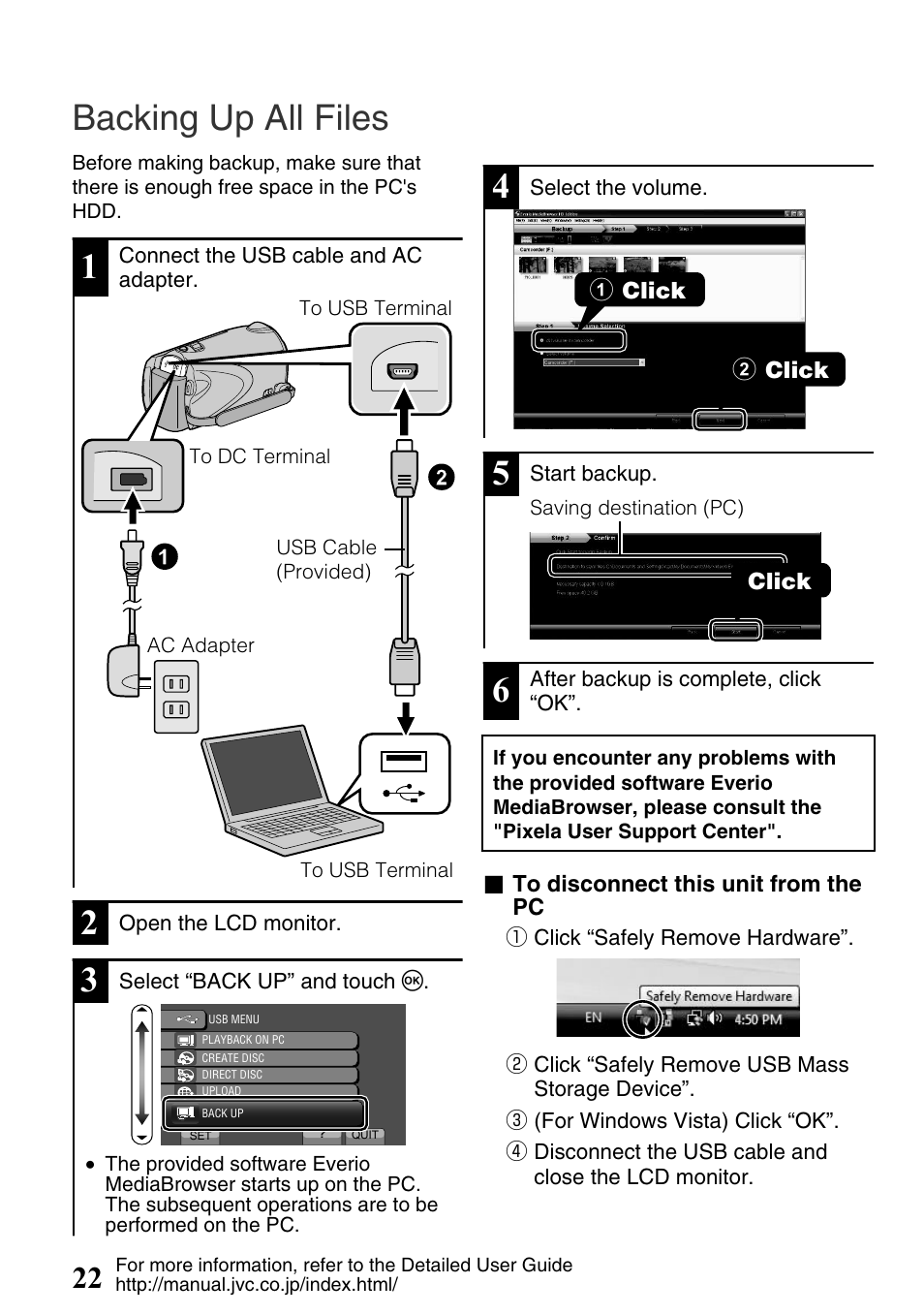 Backing up all files, Usb terminal ( p.22) | JVC Everio GZ-HM300U User Manual | Page 22 / 96