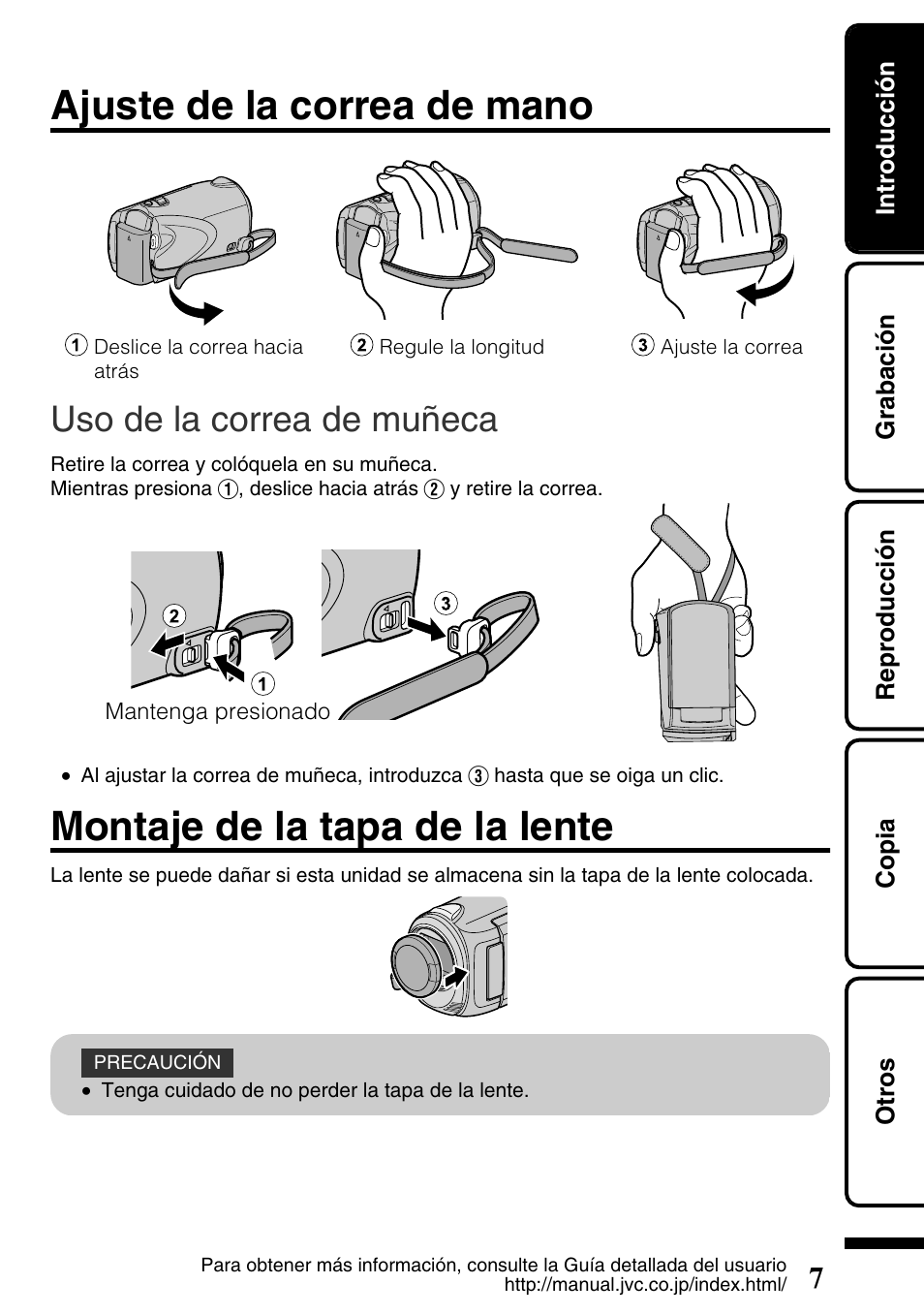 Ajuste de la correa de mano, Uso de la correa de muñeca, Montaje de la tapa de la lente | Correa de mano ( p.7) | JVC Everio GZ-HM300U User Manual | Page 39 / 96