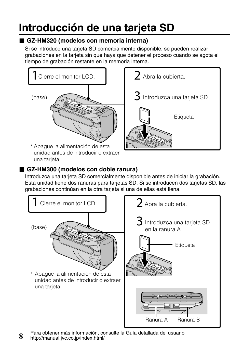 Introducción de una tarjeta sd, Ranura para la tarjeta sd ( p.8) | JVC Everio GZ-HM300U User Manual | Page 40 / 96