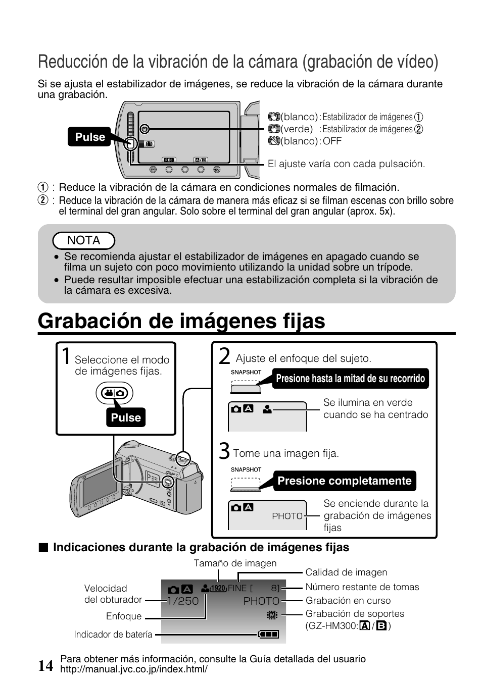 Grabación de imágenes fijas, Imágenes fijas) ( p.14) | JVC Everio GZ-HM300U User Manual | Page 46 / 96