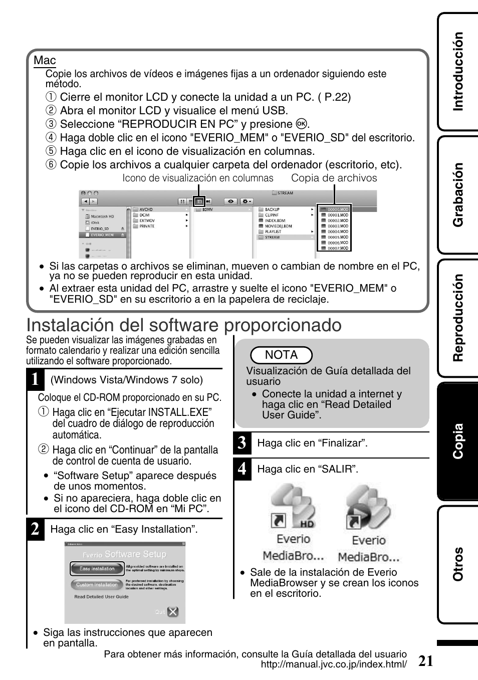 Instalación del software proporcionado, Introducción grabación reproducción copia otros | JVC Everio GZ-HM300U User Manual | Page 53 / 96
