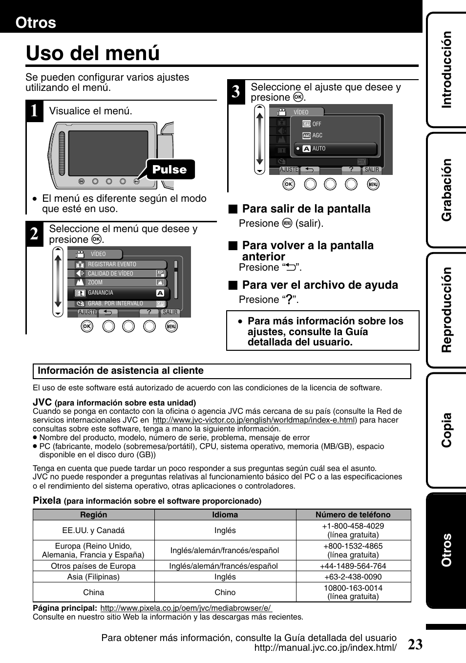 Otros, Uso del menú, Menú) ( p.23) | Introducción grabación reproducción copia otros, Pulse, Para salir de la pantalla, Para volver a la pantalla anterior, Para ver el archivo de ayuda | JVC Everio GZ-HM300U User Manual | Page 55 / 96