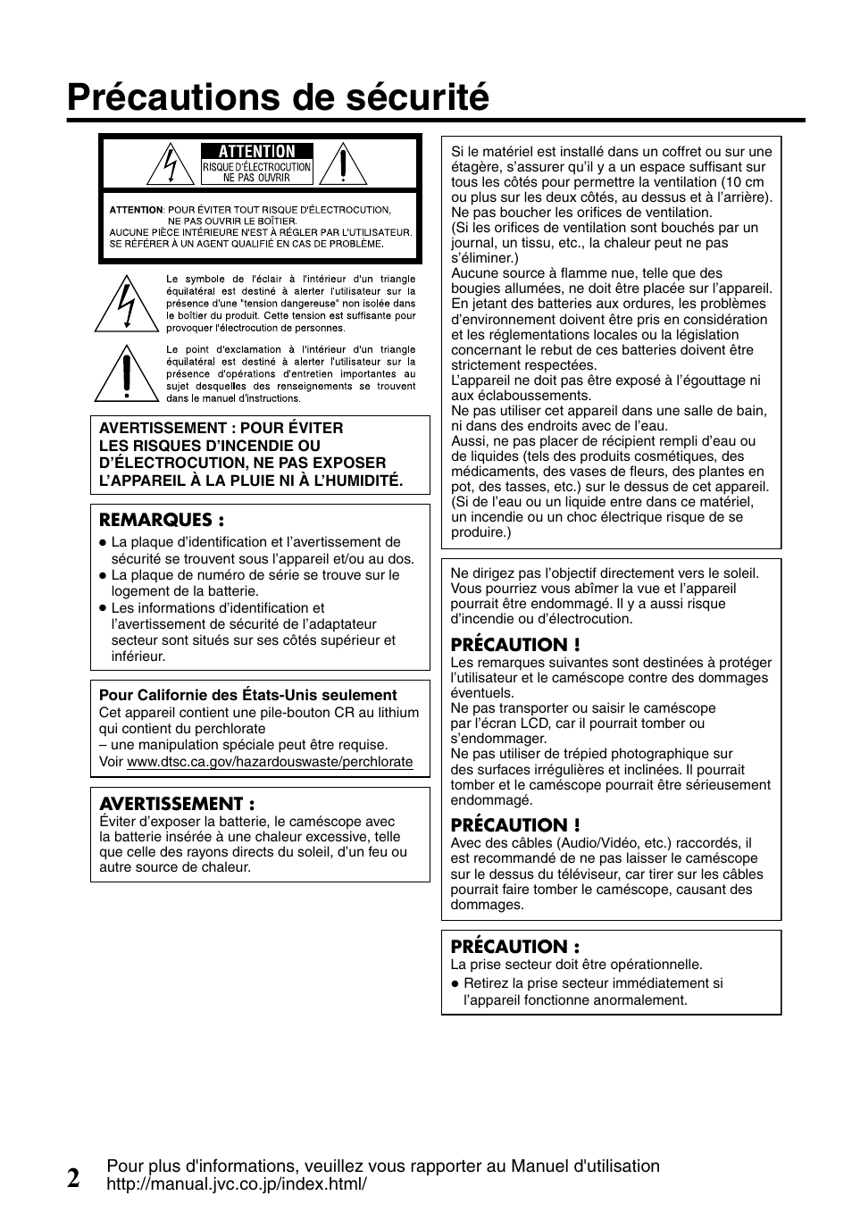 Précautions de sécurité | JVC Everio GZ-HM300U User Manual | Page 66 / 96