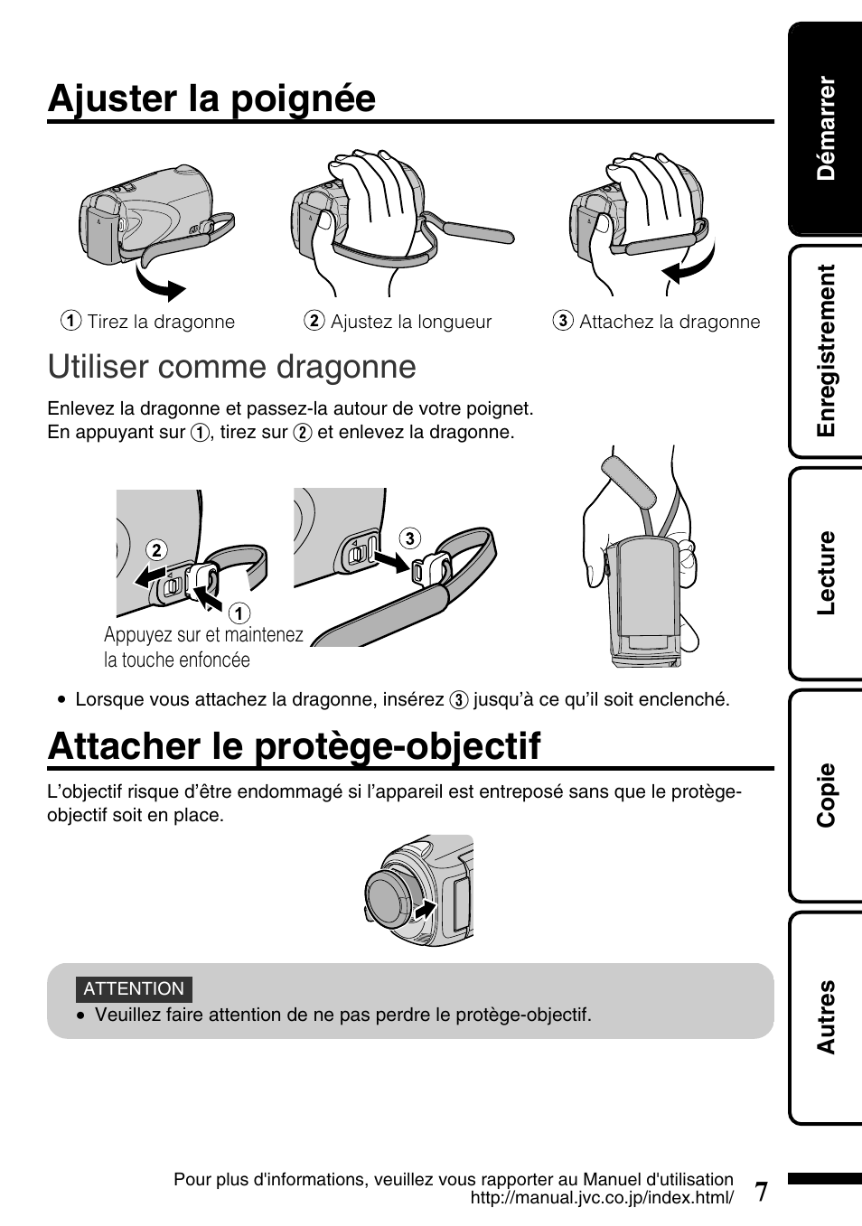 Ajuster la poignée, Utiliser comme dragonne, Attacher le protège-objectif | Ajuster la poignée attacher le protège-objectif, Dragonne ( p.7) | JVC Everio GZ-HM300U User Manual | Page 71 / 96
