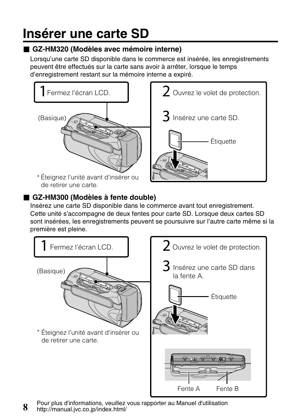 Insérer une carte sd, Fente pour carte sd ( p.8) | JVC Everio GZ-HM300U User Manual | Page 72 / 96