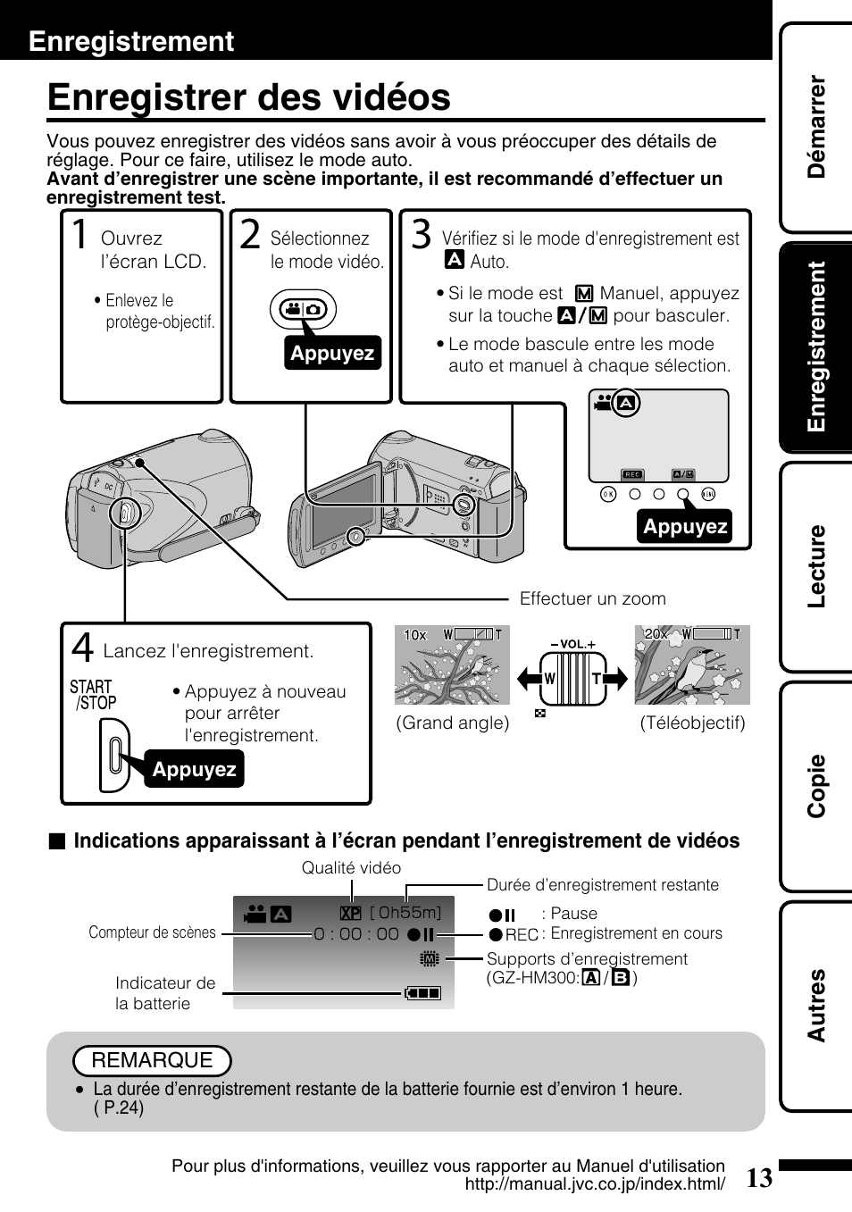 Enregistrement, Enregistrer des vidéos, Commande de zoom/volume ( p.13 | Vidéos) ( p.13) | JVC Everio GZ-HM300U User Manual | Page 77 / 96