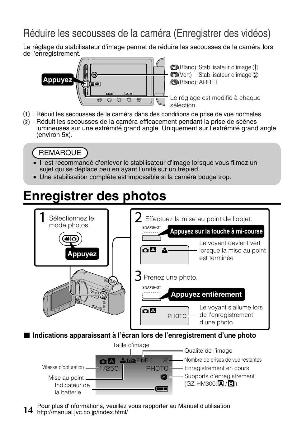 Enregistrer des photos, Photos) ( p.14) | JVC Everio GZ-HM300U User Manual | Page 78 / 96