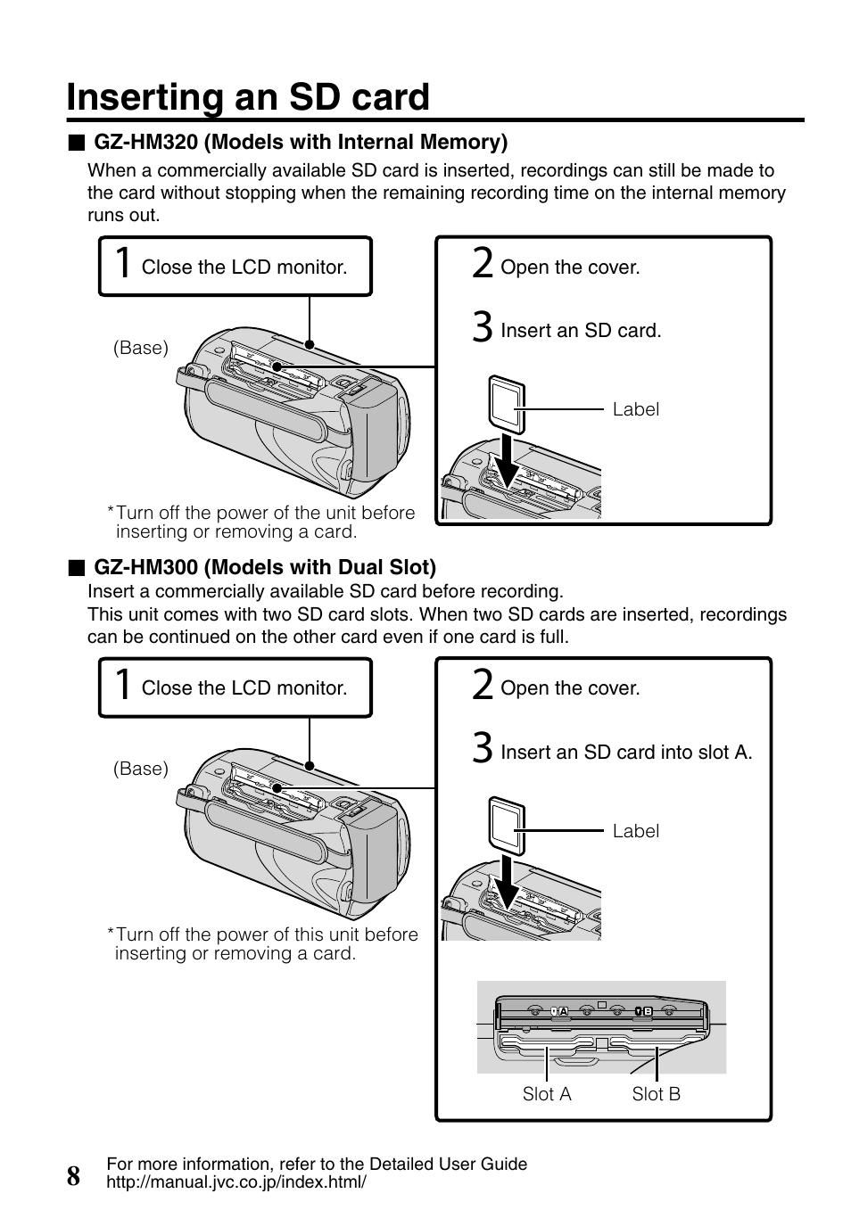 Inserting an sd card, Sd card slot ( p.8) | JVC Everio GZ-HM300U User Manual | Page 8 / 96